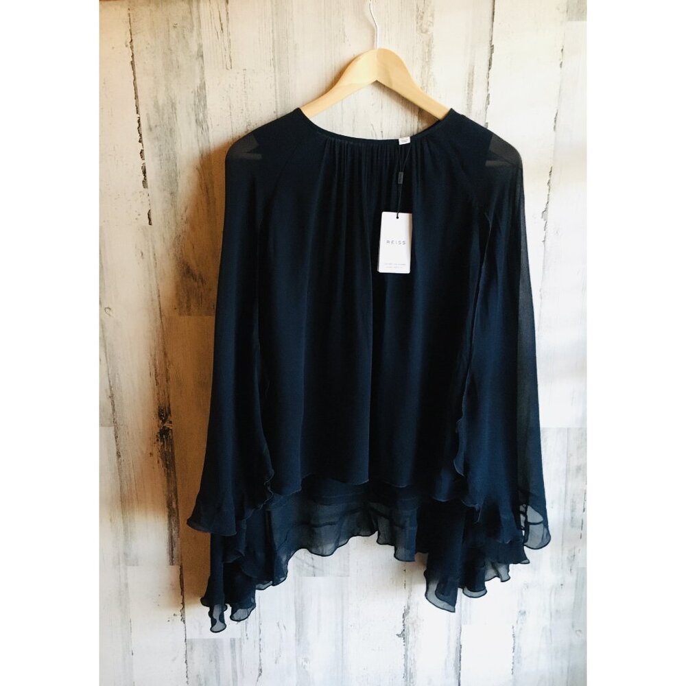 NWT REISS Francesca Chiffon Pleated Cape Blouse Navy Blue Ruffled 10 M